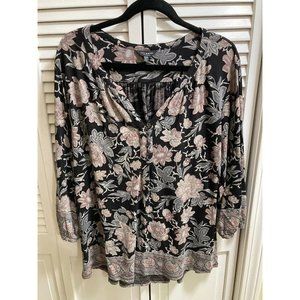 Lucky Brand Boho Knit Pink Paisley Black Tunic Shirt Blouse Comfortable Size 3X